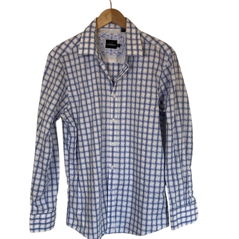 Parc 81 Button Up Shirt Mens Size Large Blue‎ White Window Payne Embroidery Cuff